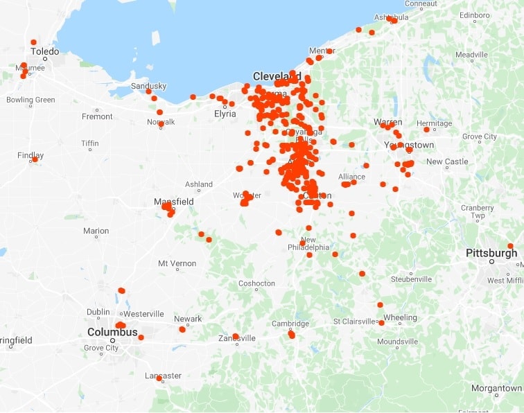 D & D Datacom service area map covering Northeast Ohio
